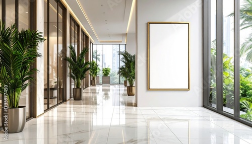 A modern, minimalist hallway with large windows, showcasing a blank canvas print, and lush greenery.