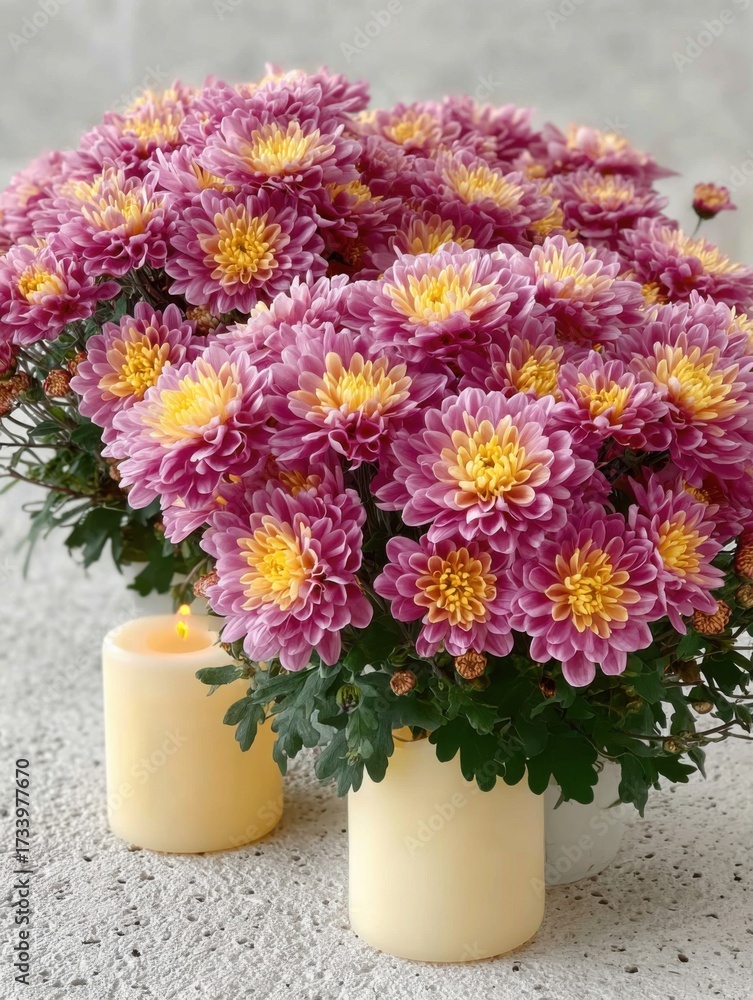 Fototapeta premium Colorful chrysanthemums and candles create a warm and inviting atmosphere for a cozy gathering in a peaceful setting
