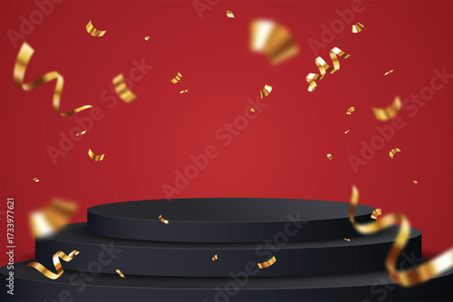 Isolated empty podium with flying gold confetti