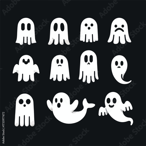 Vector set of simple ghost images on a black background
