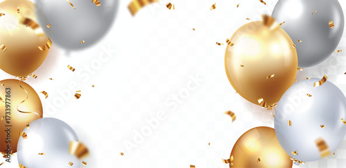 Gold and silver balloons with celebration confetti, banner design for happy Birthday greeting card, banner, and template backgrounds