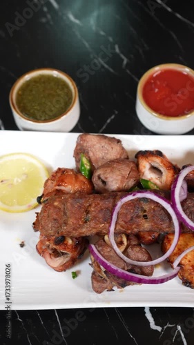 Delicious mixed grill platter with sauces and red onion rings on a white plate