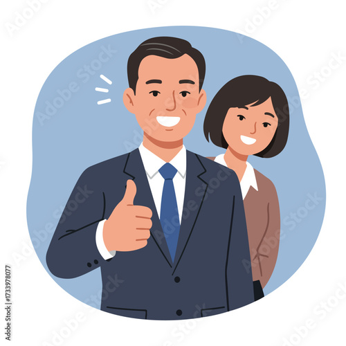 Man giving thumbs up, woman behind him smiling