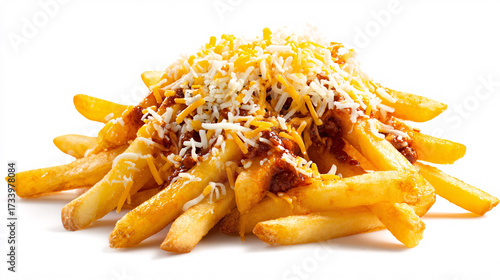 Loaded chili cheese fries, indulgent comfort food, classic diner style, isolated on white background