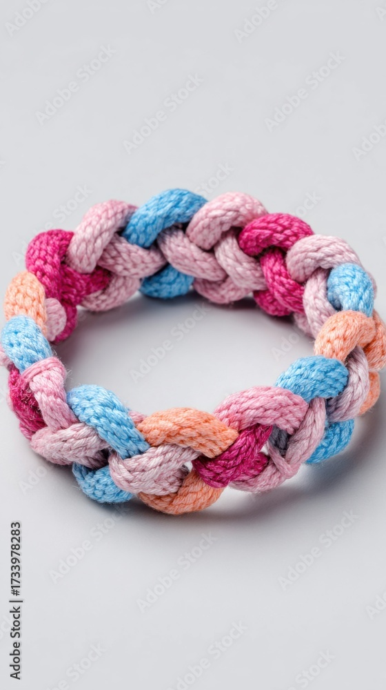 Fototapeta premium Colorful braided bracelet made from soft material seen on a light background showcasing intricate weaving and design