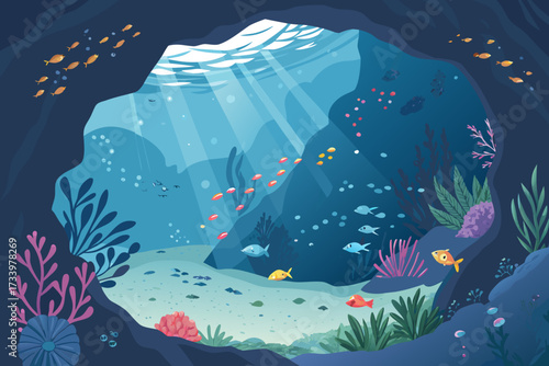 Underwater Cave With Glowing Crystals Bold Vecto High-Quality Stock Image Ideal for Marketing