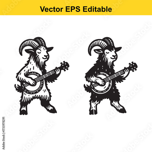 Two cartoon goats playing banjo isolated on white background