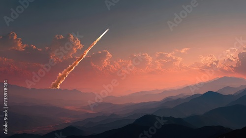 War missile soaring through the sky, leaving a trail of smoke against a dramatic sunset backdrop, symbolizing conflict and economic crisis in a turbulent world