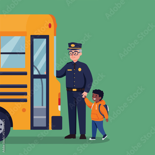 Officer escorts child to yellow school bus