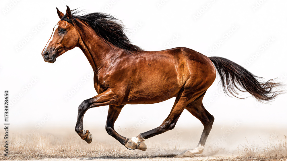 Obraz premium Powerful bay horse galloping freely across open plains, majestic equine movement, wild spirit.