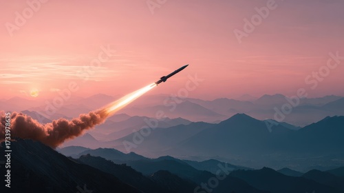War missile launching into the sky at sunset, surrounded by mountains, symbolizing conflict and economic crisis, with dramatic clouds and vibrant colors enhancing the scene's intensity