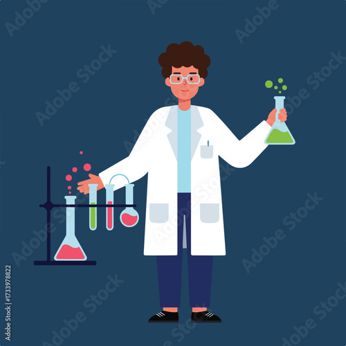 Scientist in lab coat with test tubes and flasks