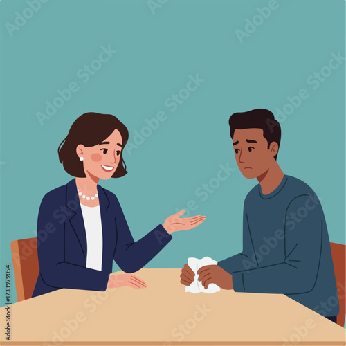 Empathetic woman consoles sad man at table