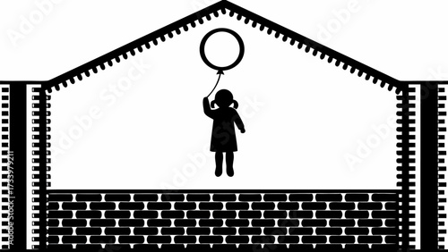 Child holding balloon inside abstract home silhouette, symbolizing dreams and aspirations, perfect for childhood, hope, and imaginative concepts