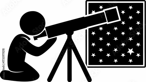 Curious stargazer gazes through telescope at vibrant starry night sky, exploring cosmic wonders and scientific discovery with awe and wonder.