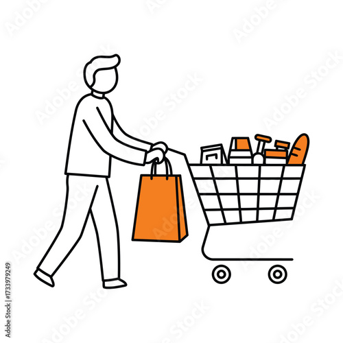 Man pushing a shopping cart full of groceries carrying a shopping bag simple line art vector illustration for retail and consumer concepts