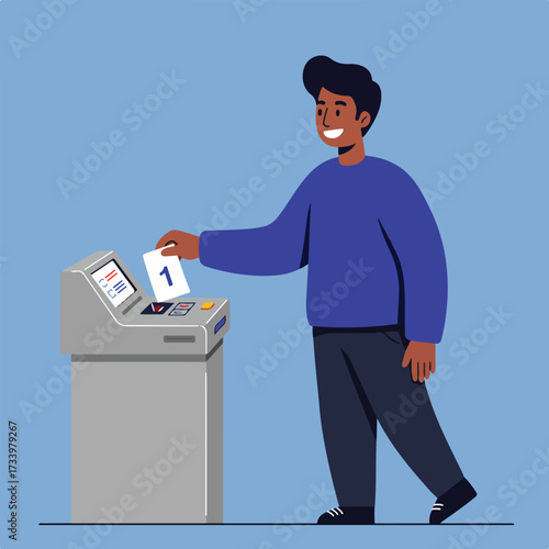 Smiling person inserts a numbered ballot into voting machine