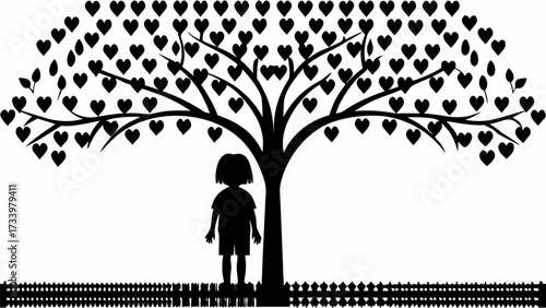Child contemplates a heart tree symbolizing love growth and innocence with a fence below representing protection and boundaries