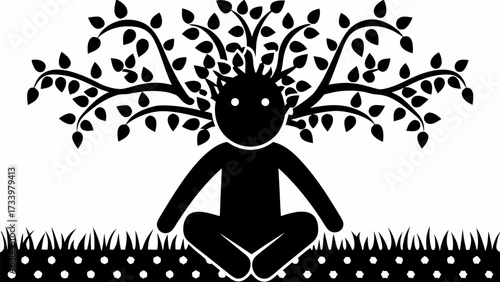 Person meditating peacefully under a flourishing tree, embodying growth and tranquility amidst nature's embrace, ideal for wellness and mindfulness themes.