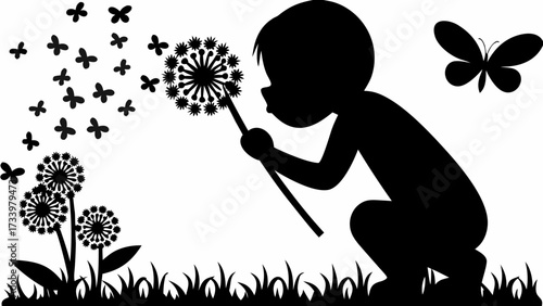 Joyful child blowing dandelion seeds into a whimsical swarm of butterflies on a sunny meadow