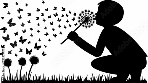 Child blowing dandelion seeds transforming into butterflies, symbolizing dreams taking flight and new beginnings in nature