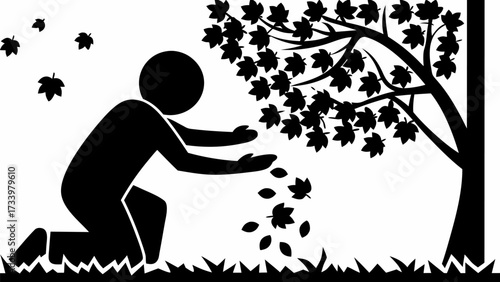 Person kneeling beneath falling autumn leaves from a tree, capturing the essence of seasonal change and nature's beauty