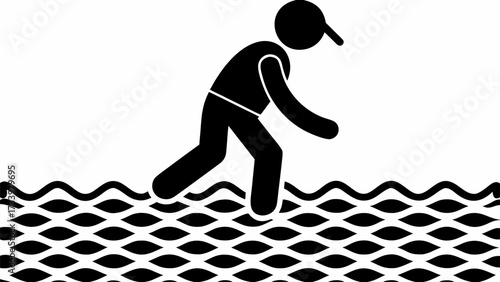 Determined figure navigating challenging waters with focus and resilience towards an unseen goal in a dynamic representation of overcoming obstacles.