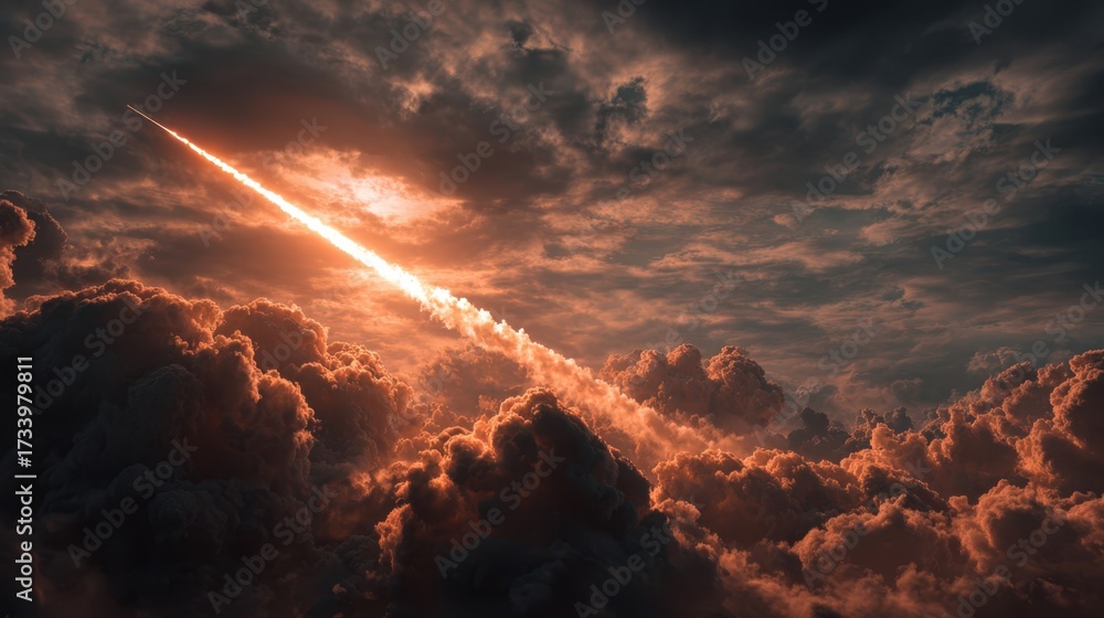 Fototapeta premium War missile soaring through dark stormy clouds, illuminating the sky with fiery trails, symbolizing conflict and economic crisis in a dramatic visual narrative