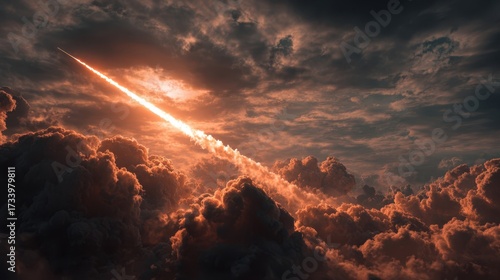 War missile soaring through dark stormy clouds, illuminating the sky with fiery trails, symbolizing conflict and economic crisis in a dramatic visual narrative