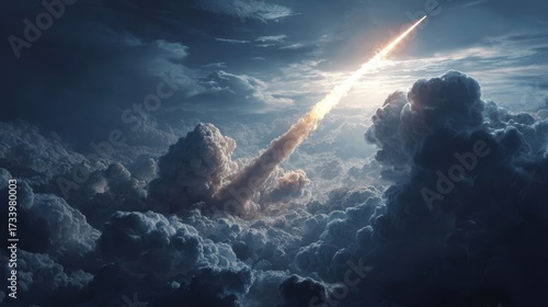 War missile soaring through dark stormy clouds, illuminating the sky with fiery trail, symbolizing conflict and economic crisis in a dramatic atmosphere of tension and uncertainty