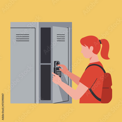 A girl with a backpack sets a combination lock on an open locker