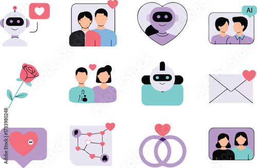 Vector illustration collection featuring concepts of love relationships and artificial intelligence