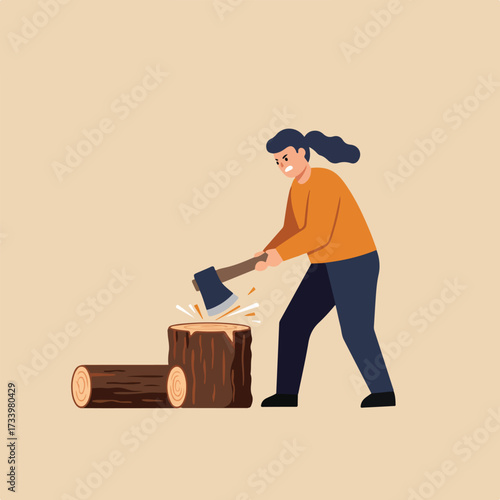 Woman vigorously chopping wood with an axe, preparing for winter