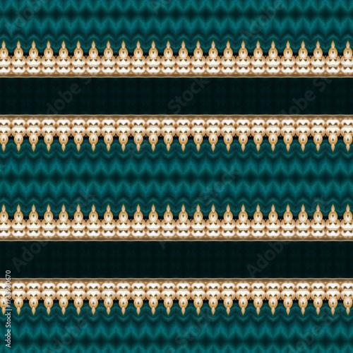 Decorative teal abstract striped pattern with golden elements, ideal for fashion, fabric, and interior decoration. Golden keywords: abstract, teal, pattern, art, design.