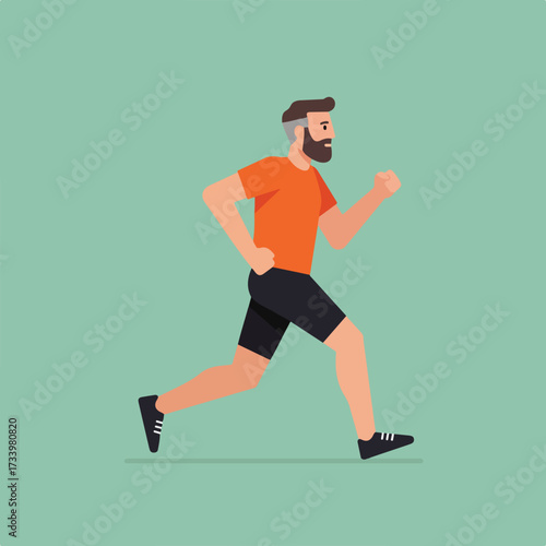 Bearded man in orange shirt and black shorts running