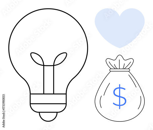 Light bulb representing ideas, money bag symbolizing profit, and heart for passion. Ideal for themes thumbs up creativity, business growth, innovation, finance, entrepreneurship, passion and simple