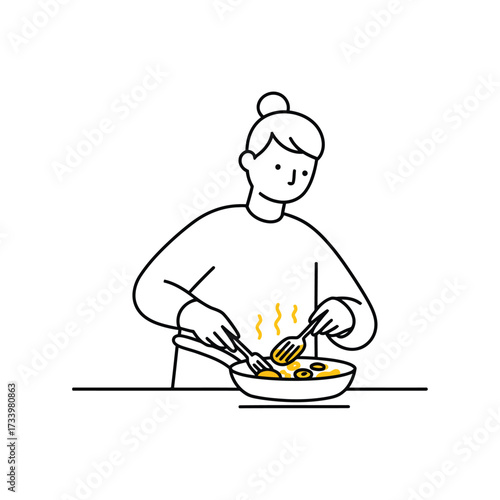 Woman cooking food in a pan simple line art illustration perfect for culinary blogs and recipe websites