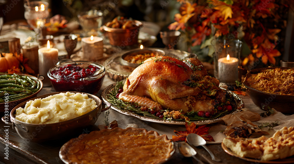 Fototapeta premium An abundant thanksgiving feast spread across a table, featuring a whole roasted turkey, various side dishes, and pies
