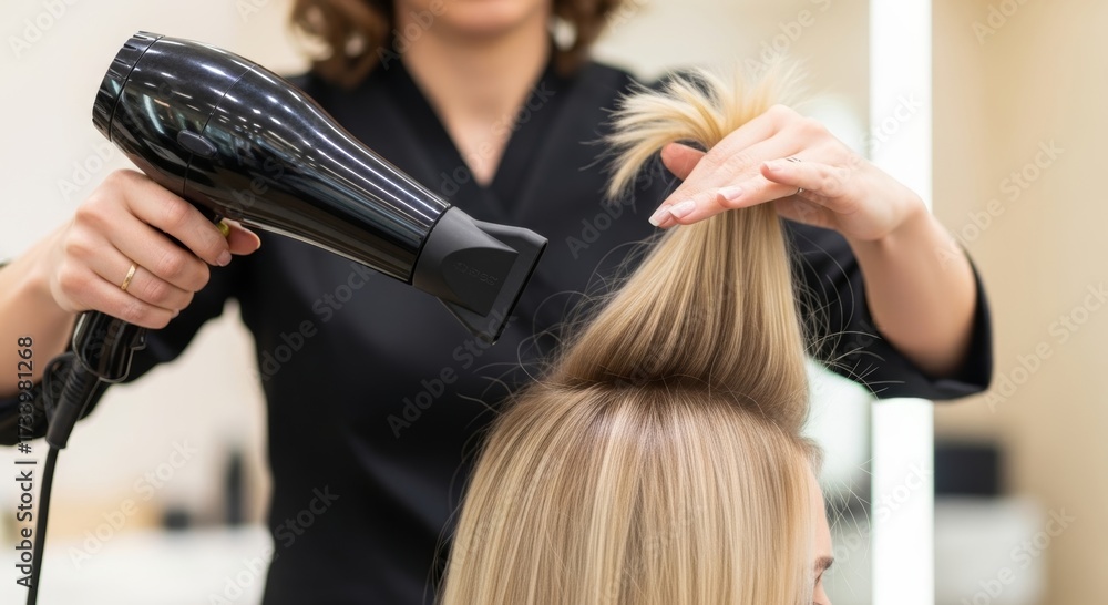 Naklejka premium Professional hairstyling blow dryer technique in modern salon setting