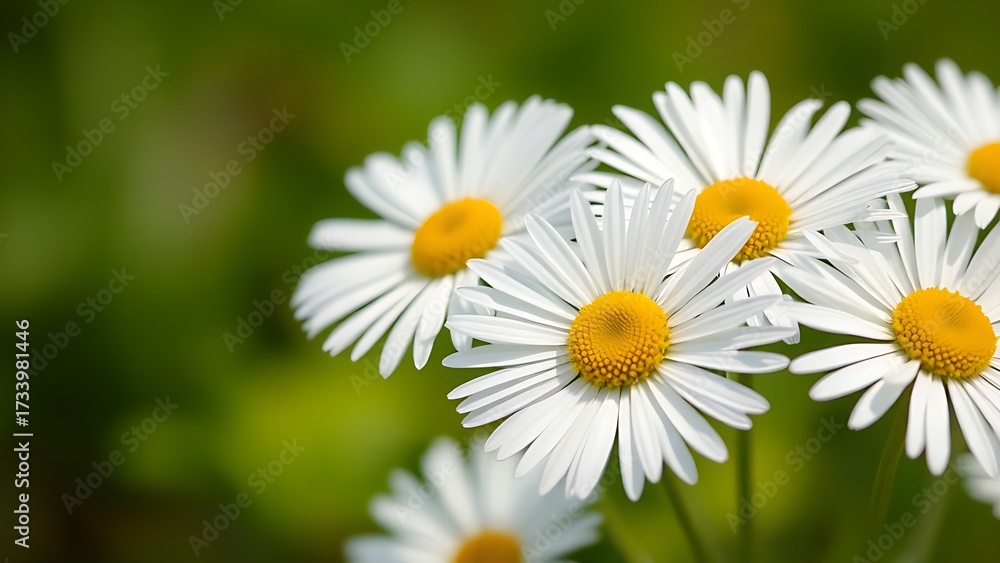 Fototapeta premium Close-up of fresh daisies with a soft green backdrop, natural light enhancing their delicate beauty.