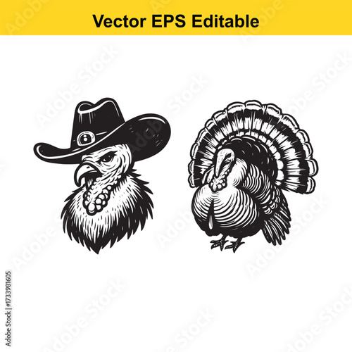 Illustration of a cowboy turkey head and a full turkey isolated on white background