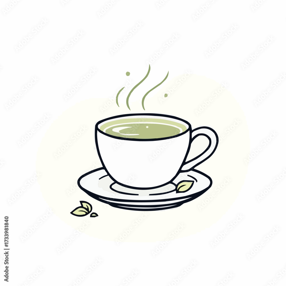 Obraz premium Hand-drawn illustration of a steaming hot cup of green tea, a simple and elegant symbol for relaxation and a healthy beverage