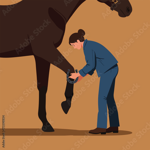 Person fitting a horseshoe on a horse's leg against a brown backdrop