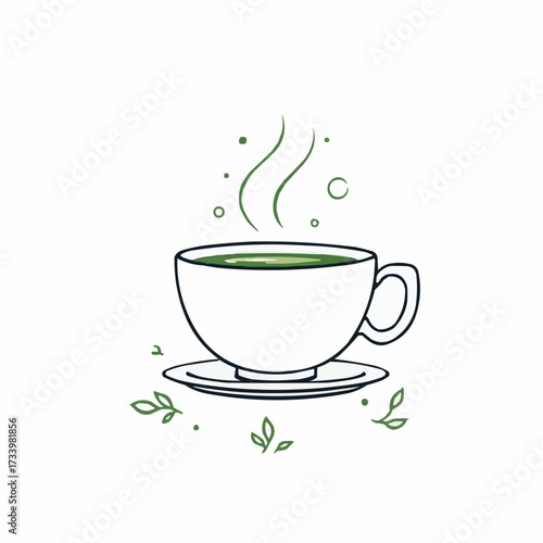 Elegant vector line art icon of a steaming cup of Japanese matcha or green tea, a symbol for a healthy hot beverage and cafe culture