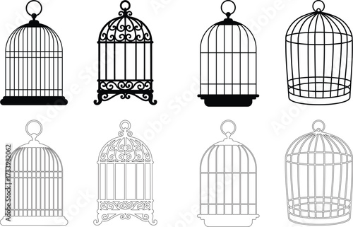 Bird cage icon.Set of closed empty bird cage silhouette icon vector illustration design.Metal animal transport hanging prison cages. Depicted without birds symbol of freedom and space.