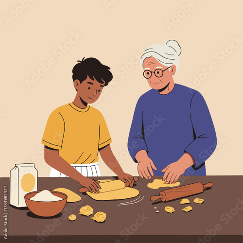 Young person and elder roll out dough together with ingredients visible