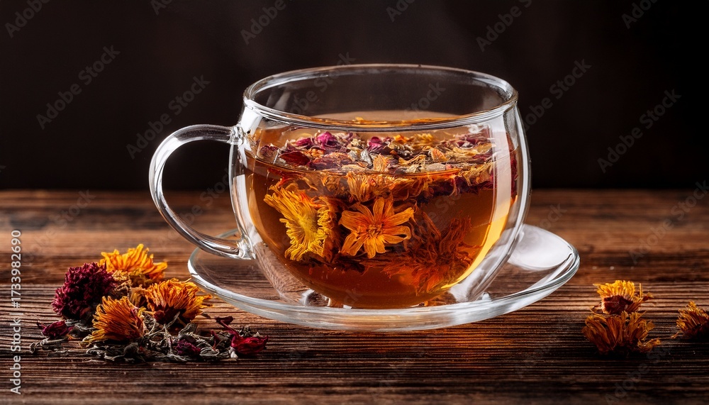 Fototapeta premium Hot Herbal Tea With Dried Flowers In Clear Glass Mug On Wooden Table
