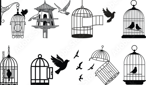 Bird cage icon.Set of closed empty bird cage silhouette icon vector illustration design.Metal animal transport hanging prison cages. Depicted without birds symbol of freedom and space.