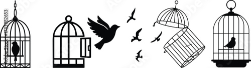 Bird cage icon.Set of closed empty bird cage silhouette icon vector illustration design.Metal animal transport hanging prison cages. Depicted without birds symbol of freedom and space.