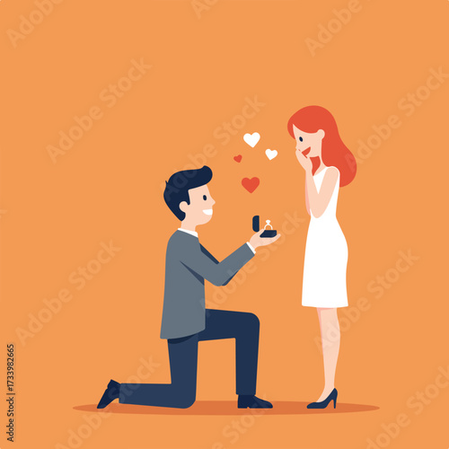 A man proposes to a surprised woman with a ring and floating hearts